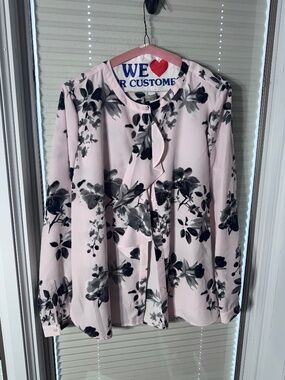 Charter Club Pink Floral Blouse L | Ruffle Tie Neck Button Front Top